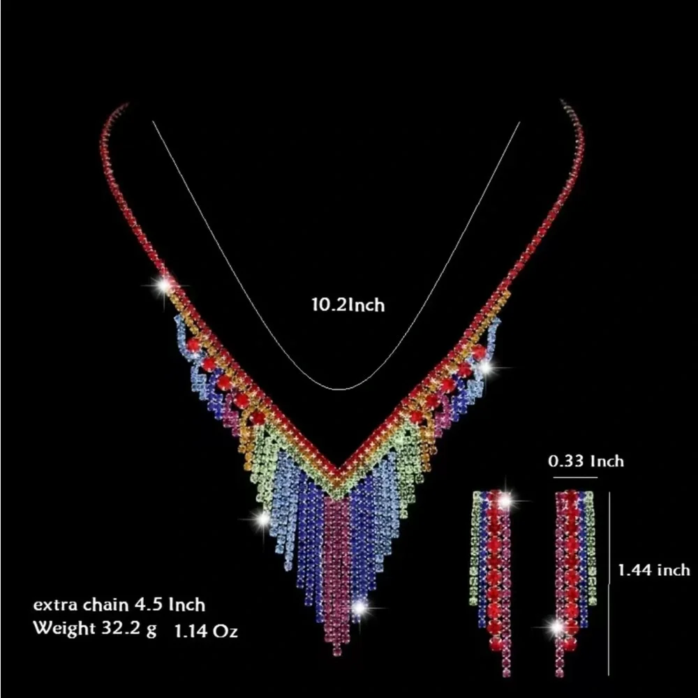 Colorful Rhinestone Earrings and Necklace Matching Set
